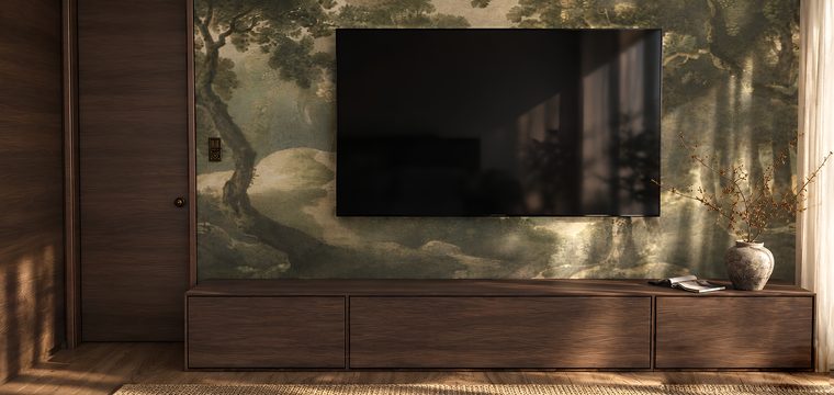 Ložnice: TV stěna s lesní tapetou a ořechovou komodou